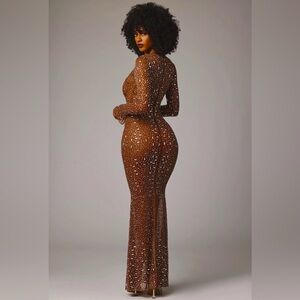 OhPolly Isabeau Sheer Embellished Long Sleeve Evening Gown in Mocha Size 2